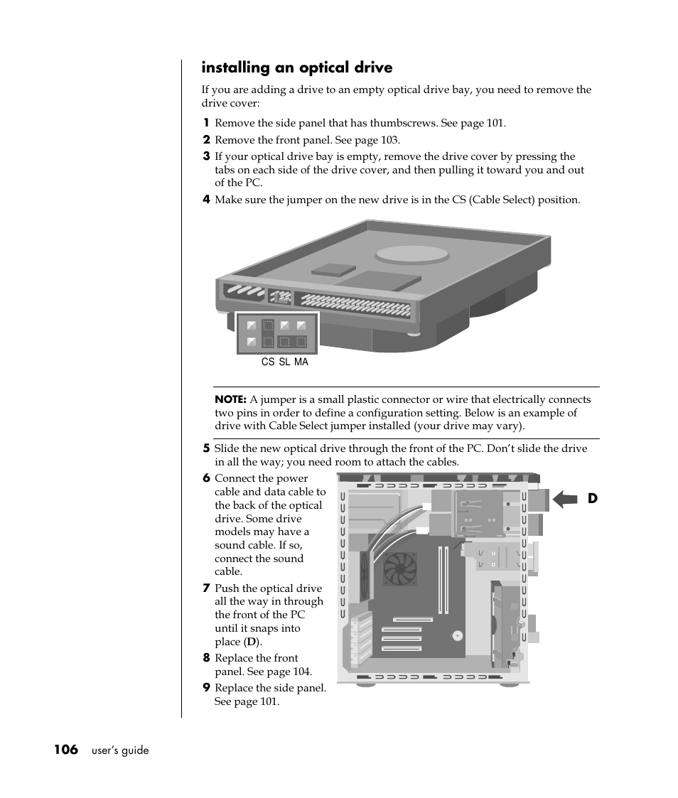 Installing an optical drive | HP Pavilion t350.uk Desktop PC User Manual | Page 114 / 156