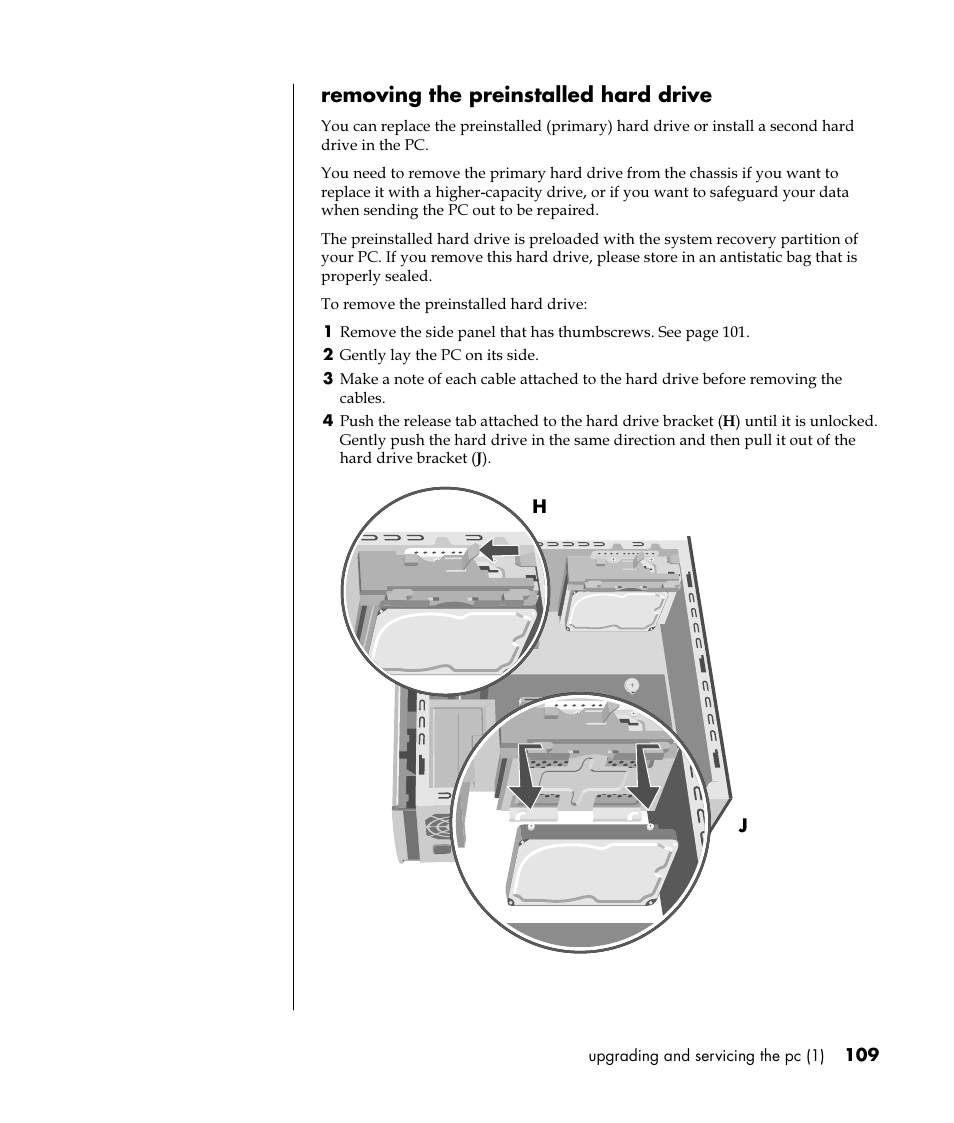 Removing the preinstalled hard drive | HP Pavilion t350.uk Desktop PC User Manual | Page 117 / 156