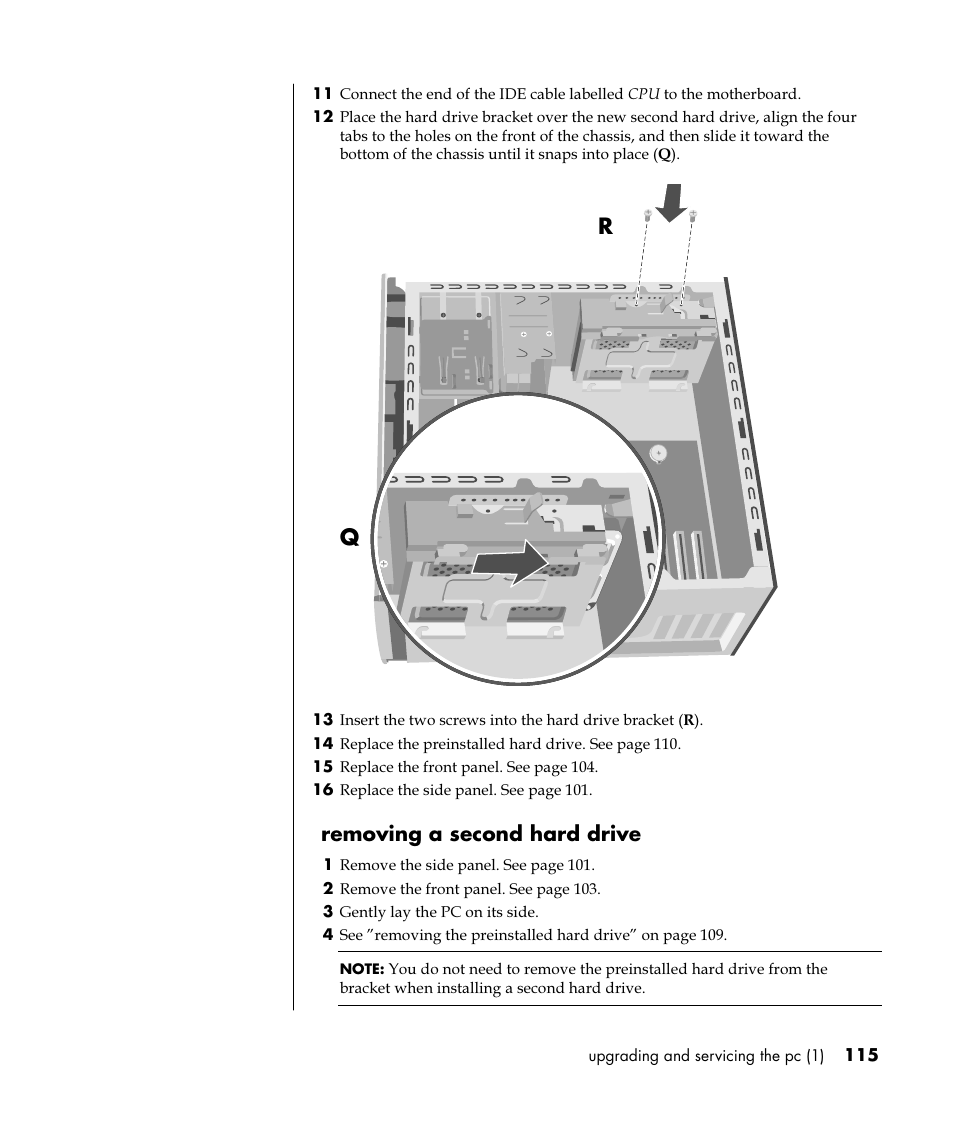 Removing a second hard drive | HP Pavilion t350.uk Desktop PC User Manual | Page 123 / 156