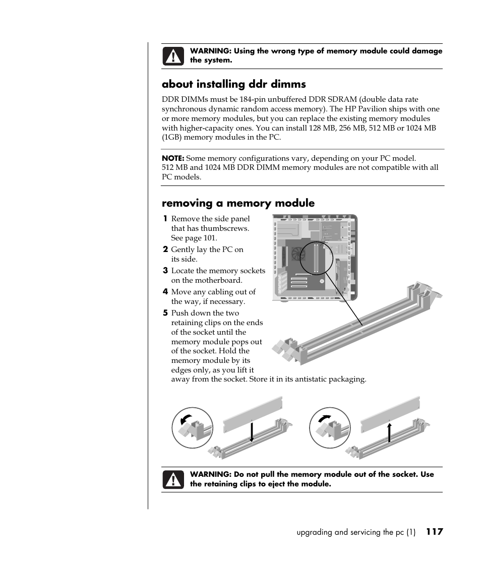 About installing ddr dimms | HP Pavilion t350.uk Desktop PC User Manual | Page 125 / 156