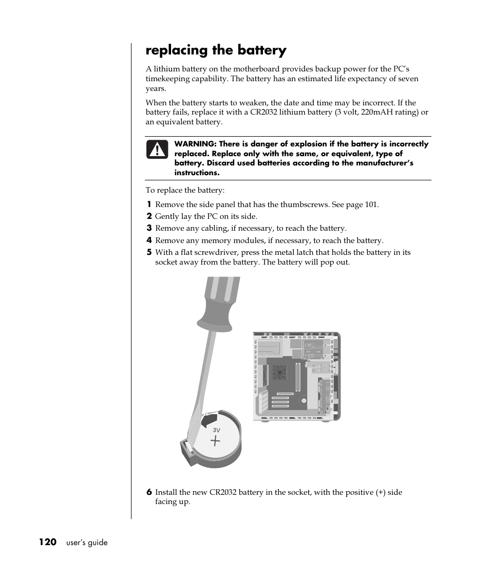 Replacing the battery | HP Pavilion t350.uk Desktop PC User Manual | Page 128 / 156