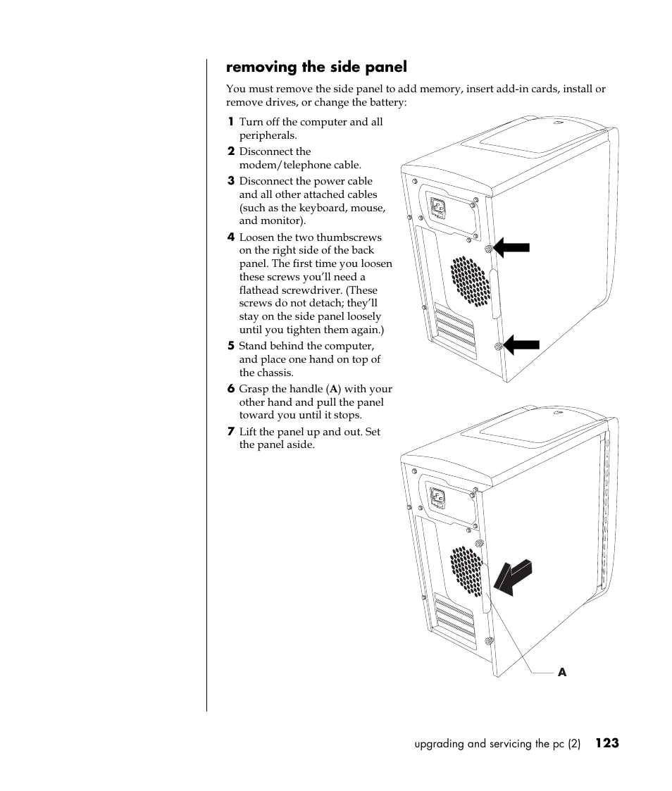Removing the side panel | HP Pavilion t350.uk Desktop PC User Manual | Page 131 / 156