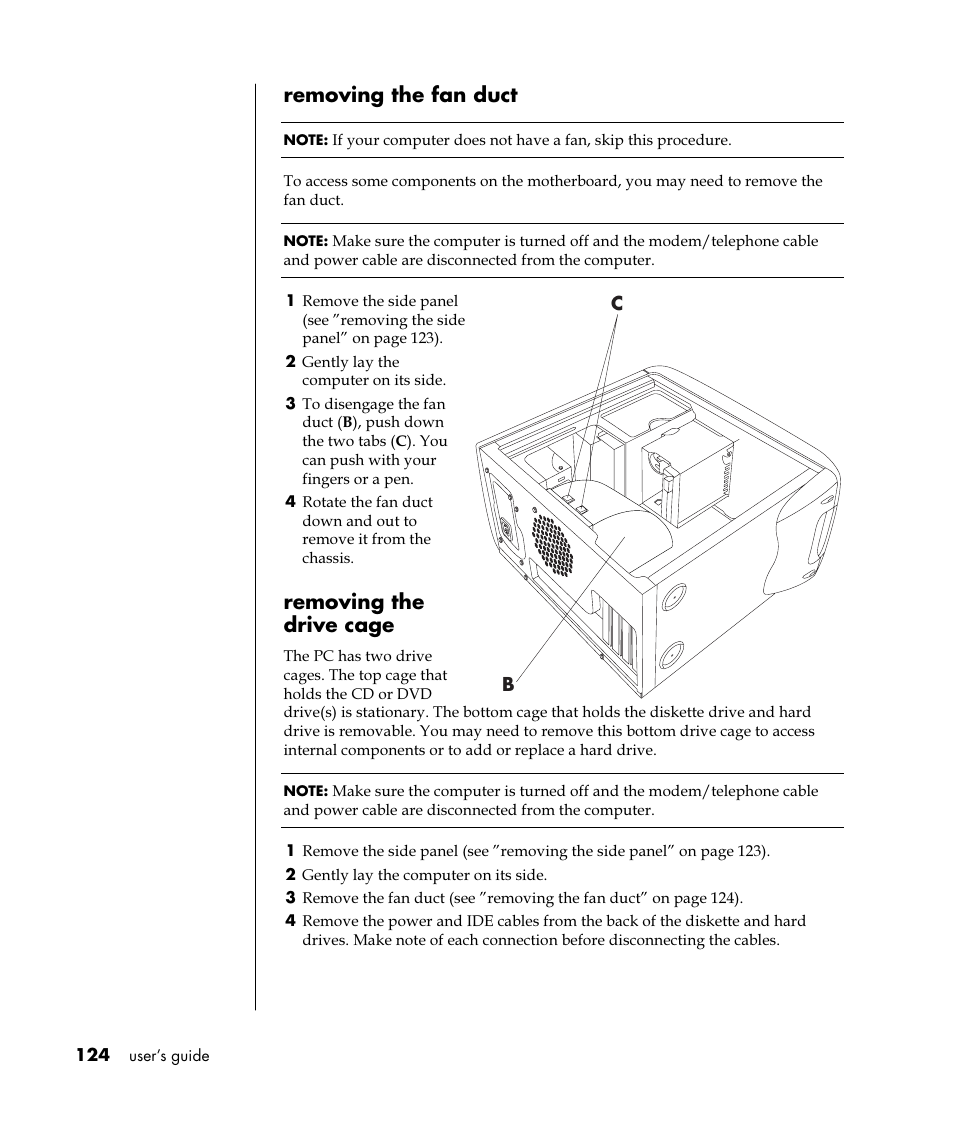 Removing the fan duct, Removing the drive cage | HP Pavilion t350.uk Desktop PC User Manual | Page 132 / 156