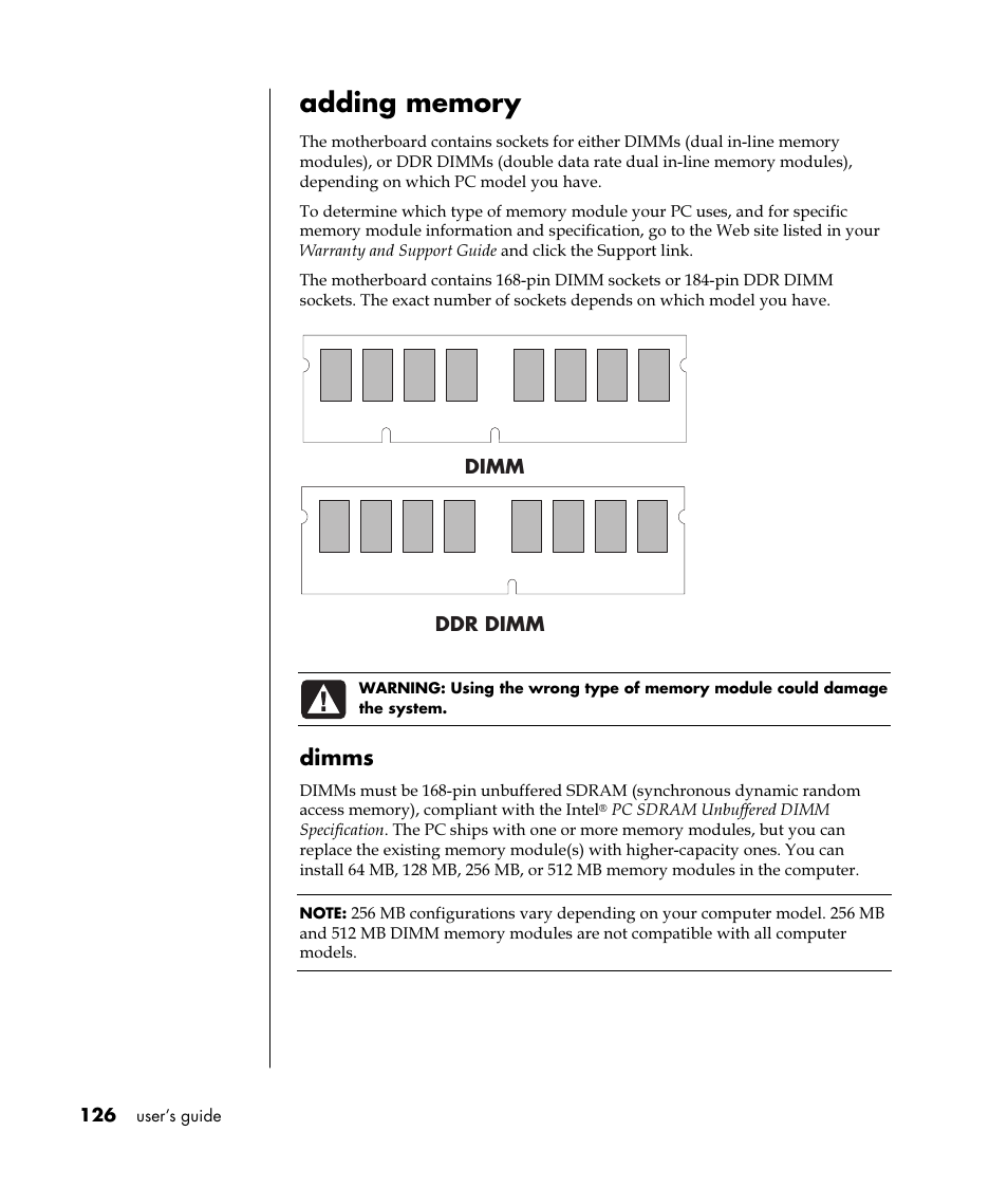Dimms | HP Pavilion t350.uk Desktop PC User Manual | Page 134 / 156