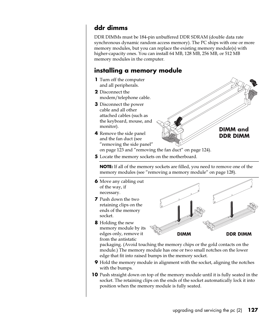 Ddr dimms | HP Pavilion t350.uk Desktop PC User Manual | Page 135 / 156