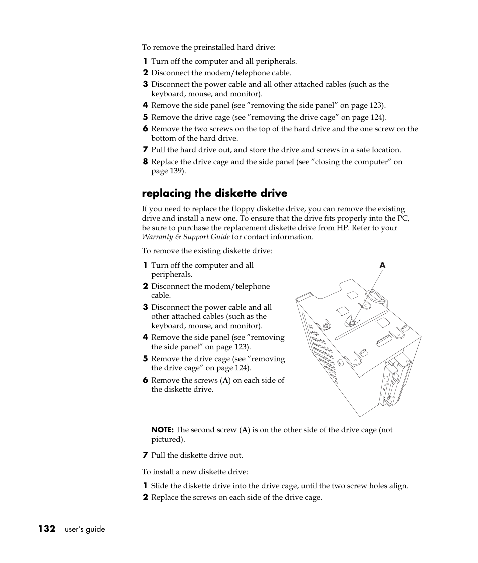 Replacing the diskette drive | HP Pavilion t350.uk Desktop PC User Manual | Page 140 / 156