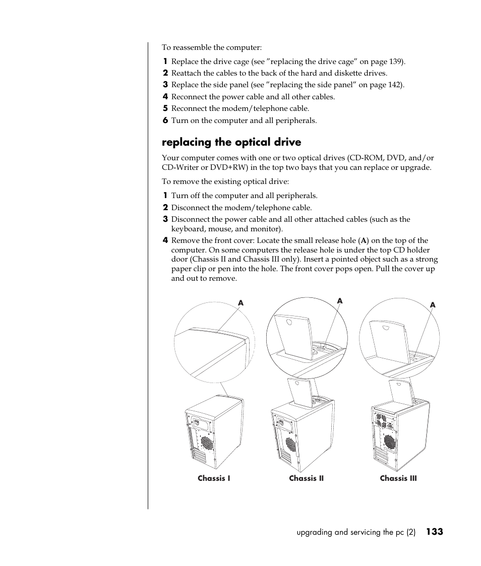 Replacing the optical drive | HP Pavilion t350.uk Desktop PC User Manual | Page 141 / 156