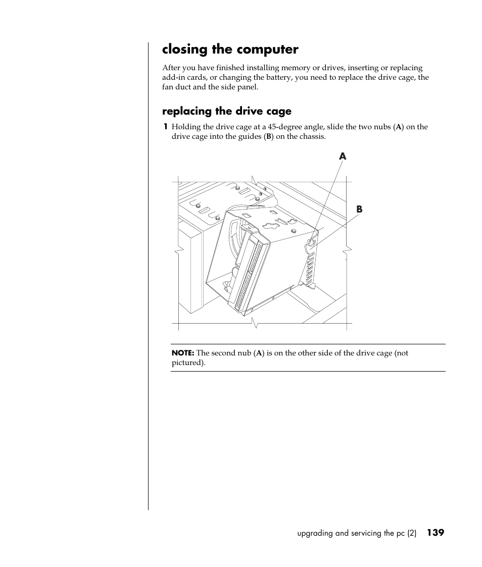 Closing the computer, Replacing the drive cage | HP Pavilion t350.uk Desktop PC User Manual | Page 147 / 156