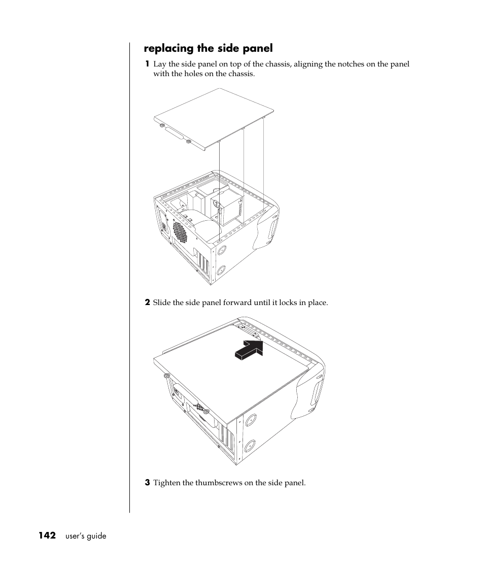 Replacing the side panel | HP Pavilion t350.uk Desktop PC User Manual | Page 150 / 156