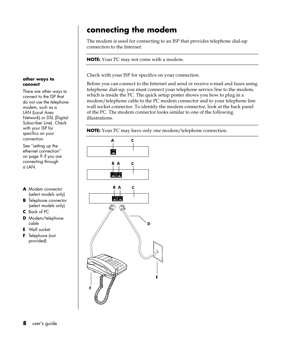 Connecting the modem | HP Pavilion t350.uk Desktop PC User Manual | Page 16 / 156