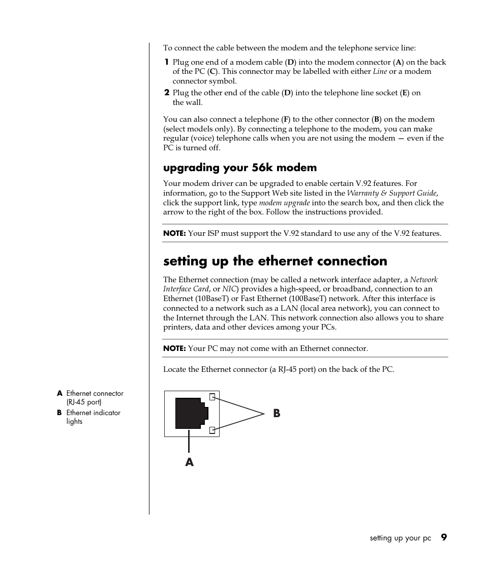 Setting up the ethernet connection, Upgrading your 56k modem | HP Pavilion t350.uk Desktop PC User Manual | Page 17 / 156