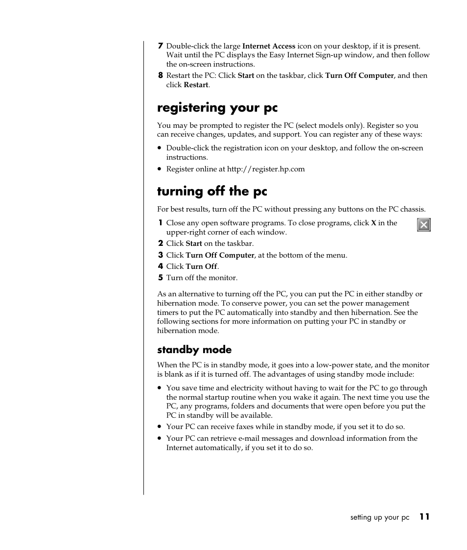 Registering your pc, Turning off the pc, Standby mode | HP Pavilion t350.uk Desktop PC User Manual | Page 19 / 156
