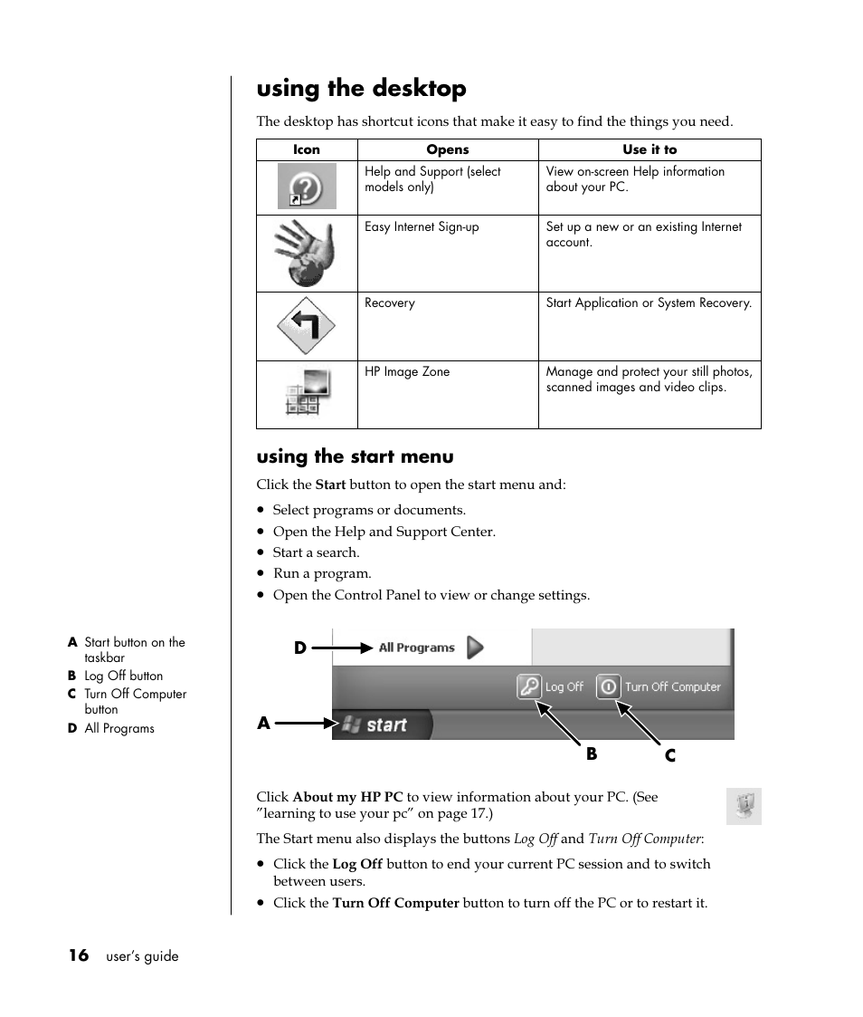Using the desktop, Using the start menu | HP Pavilion t350.uk Desktop PC User Manual | Page 24 / 156