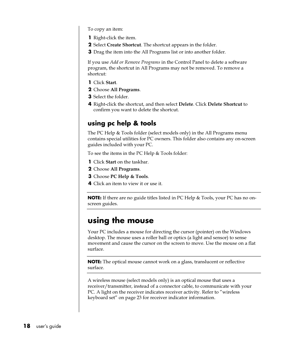 Using the mouse, Using pc help & tools | HP Pavilion t350.uk Desktop PC User Manual | Page 26 / 156