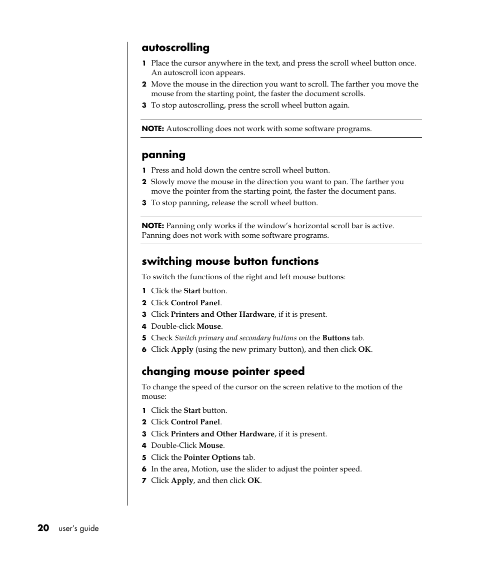 Autoscrolling, Panning, Switching mouse button functions | Changing mouse pointer speed | HP Pavilion t350.uk Desktop PC User Manual | Page 28 / 156