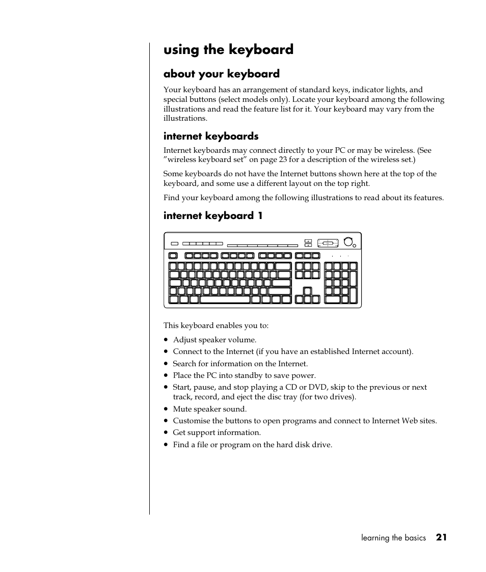 Using the keyboard, About your keyboard | HP Pavilion t350.uk Desktop PC User Manual | Page 29 / 156