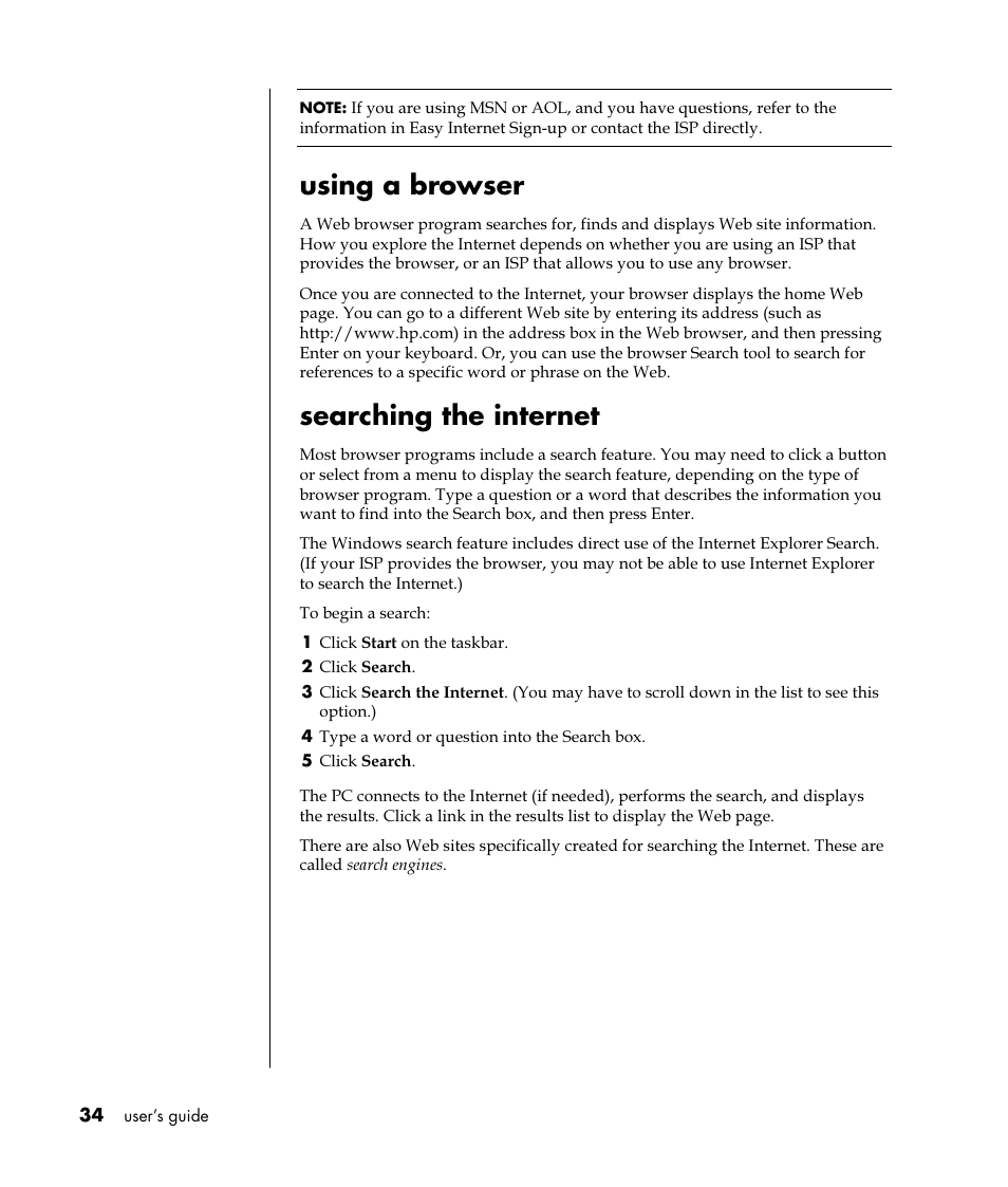 Using a browser, Searching the internet | HP Pavilion t350.uk Desktop PC User Manual | Page 42 / 156