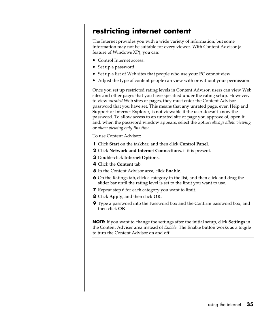 Restricting internet content | HP Pavilion t350.uk Desktop PC User Manual | Page 43 / 156