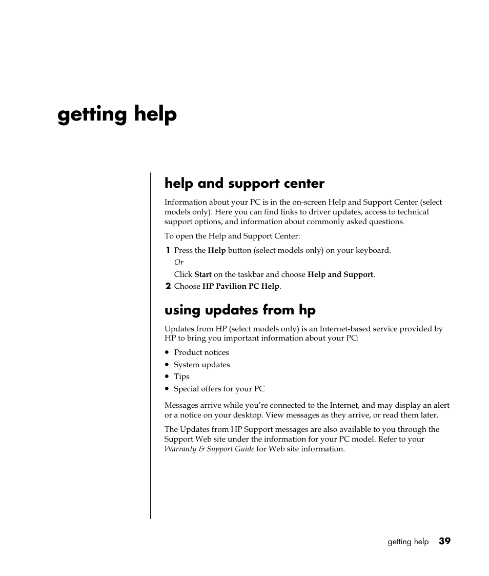 Getting help, Help and support center, Using updates from hp | HP Pavilion t350.uk Desktop PC User Manual | Page 47 / 156