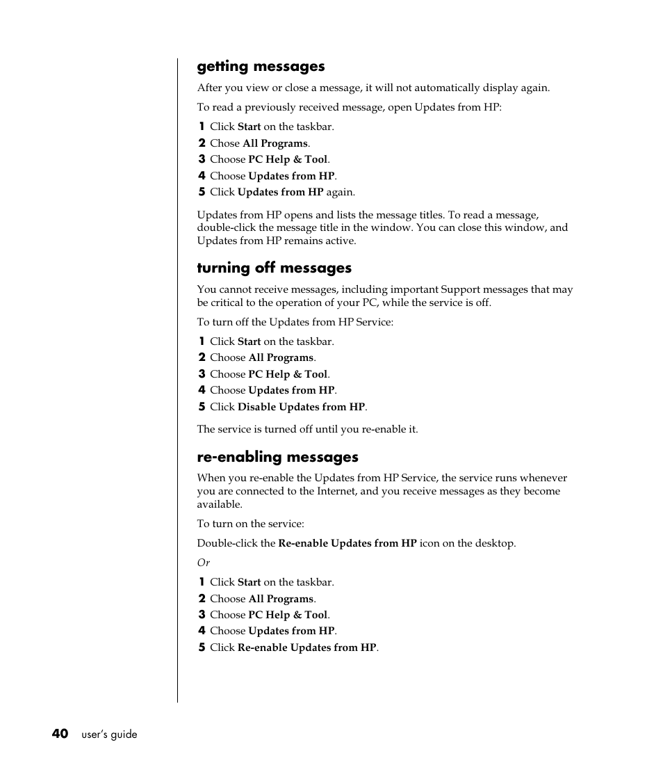 Getting messages, Turning off messages, Re-enabling messages | HP Pavilion t350.uk Desktop PC User Manual | Page 48 / 156