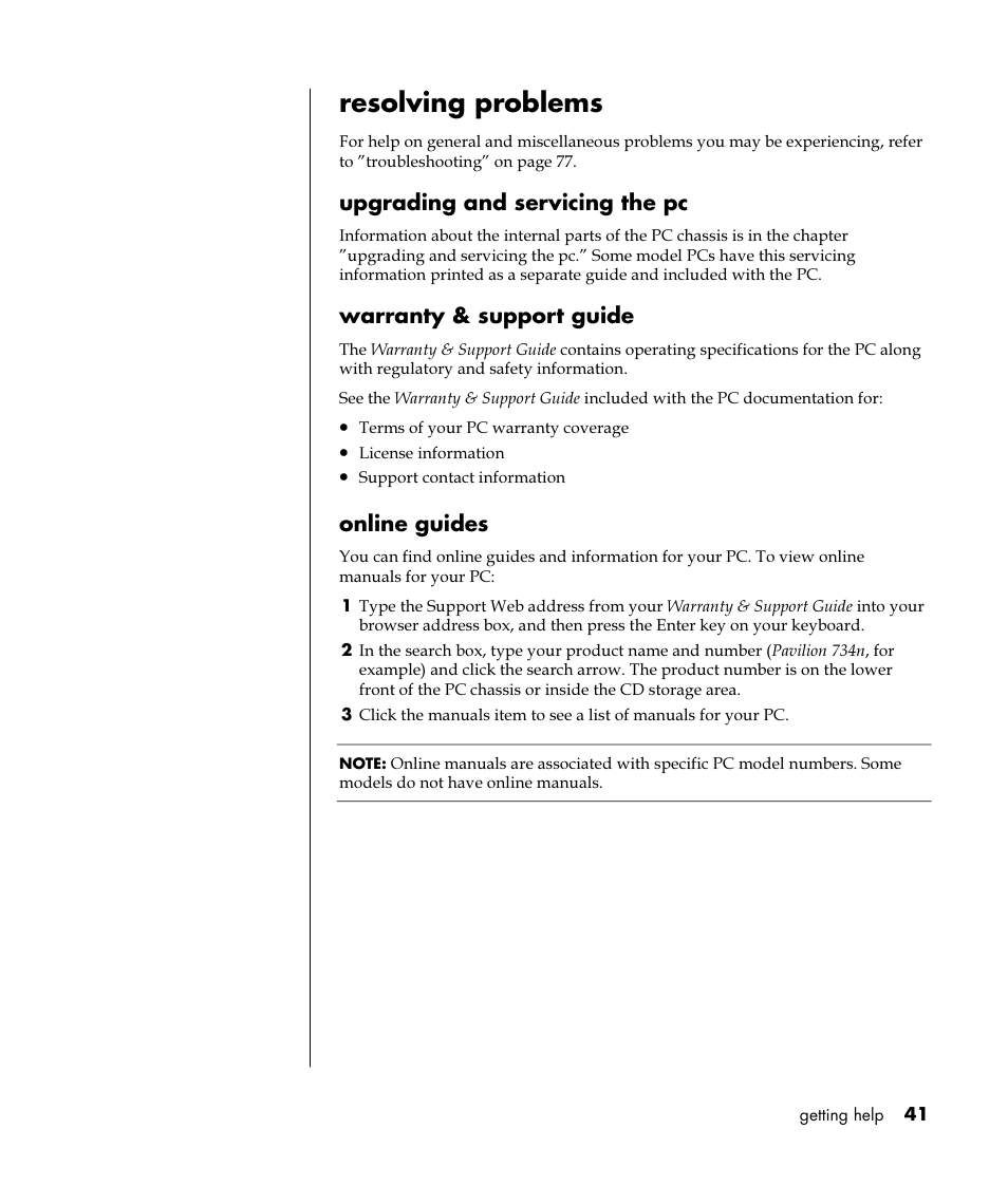Resolving problems, Upgrading and servicing the pc, Warranty & support guide | Online guides | HP Pavilion t350.uk Desktop PC User Manual | Page 49 / 156