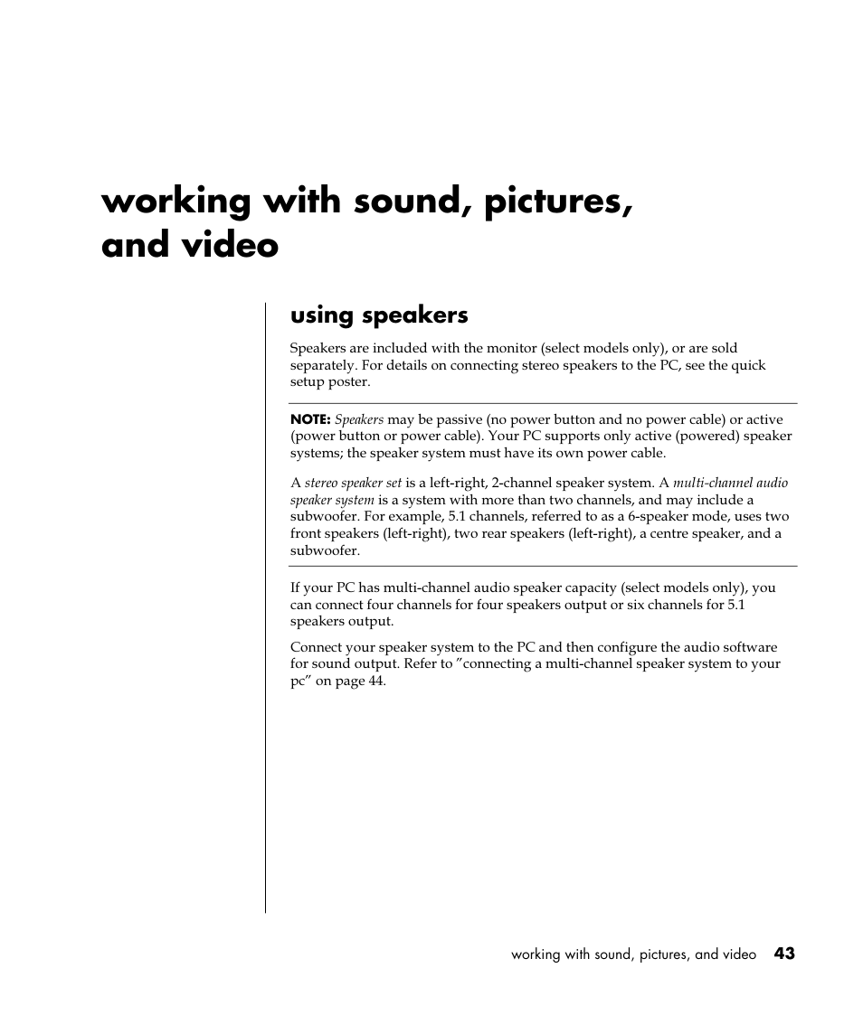 Working with sound, pictures, and video, Using speakers | HP Pavilion t350.uk Desktop PC User Manual | Page 51 / 156