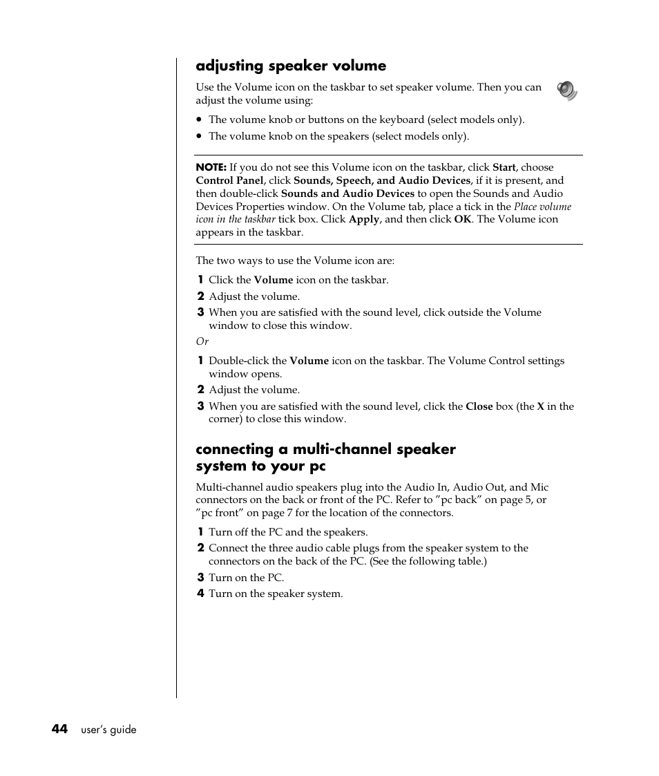 Adjusting speaker volume | HP Pavilion t350.uk Desktop PC User Manual | Page 52 / 156