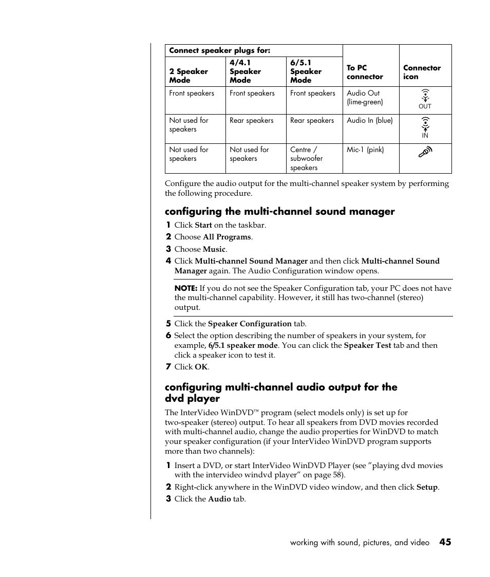 Configuring the multi-channel sound manager | HP Pavilion t350.uk Desktop PC User Manual | Page 53 / 156