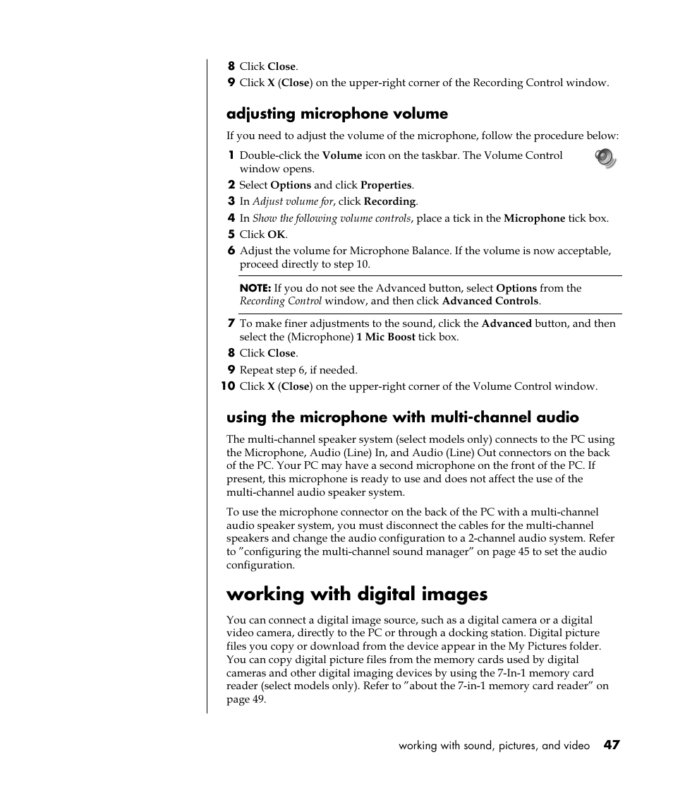 Working with digital images, Adjusting microphone volume, Using the microphone with multi-channel audio | HP Pavilion t350.uk Desktop PC User Manual | Page 55 / 156