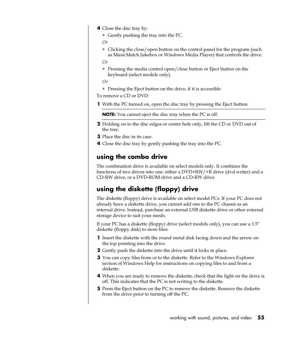Using the combo drive, Using the diskette (floppy) drive | HP Pavilion t350.uk Desktop PC User Manual | Page 63 / 156
