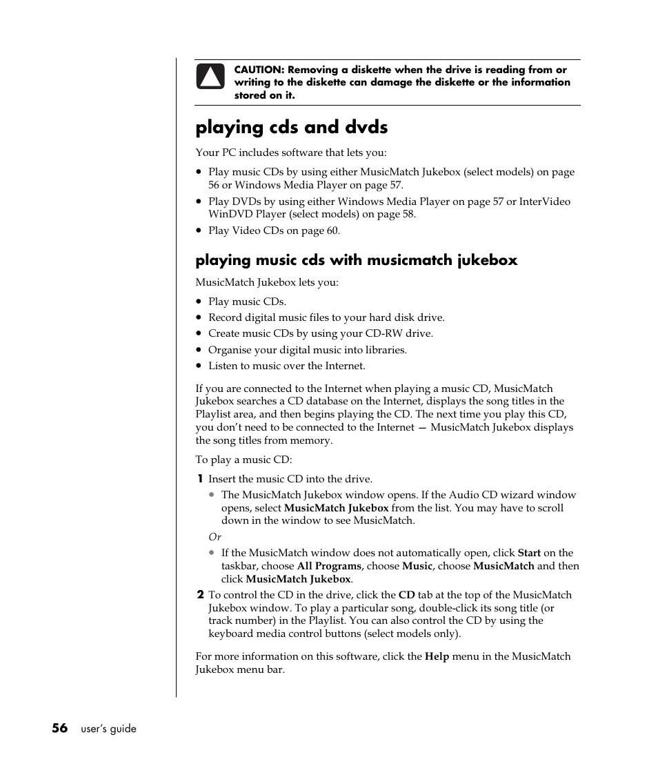 Playing cds and dvds, Playing music cds with musicmatch jukebox | HP Pavilion t350.uk Desktop PC User Manual | Page 64 / 156