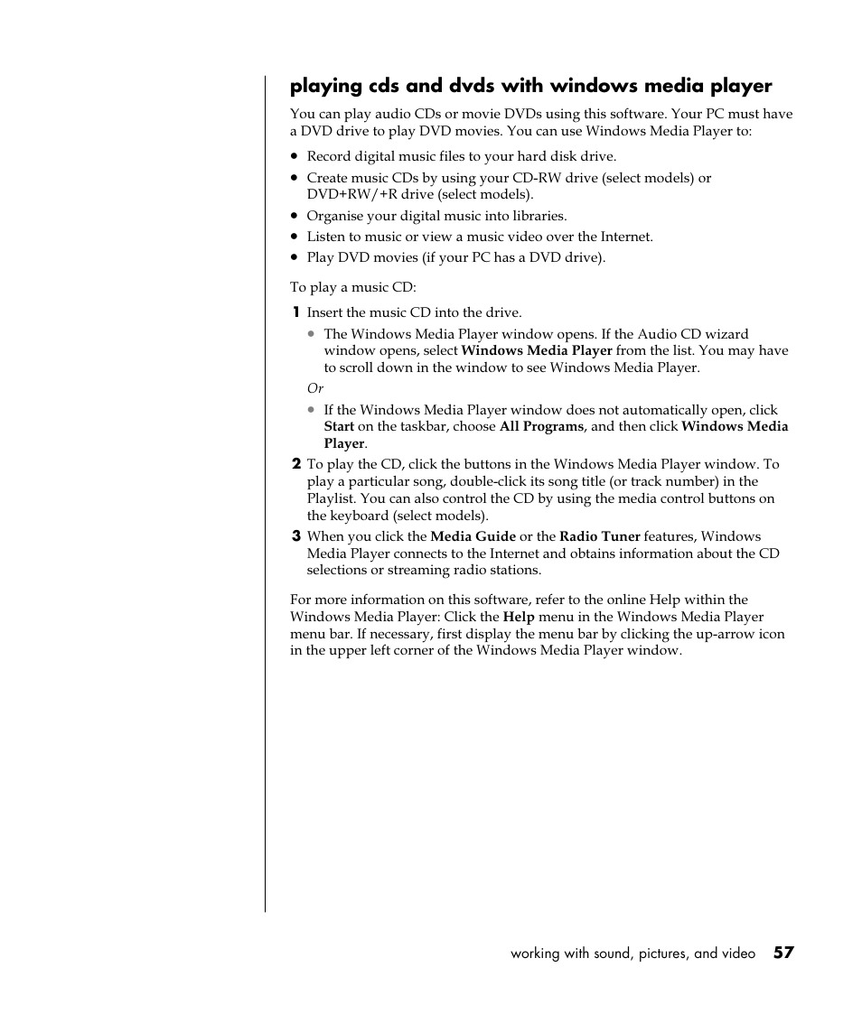 Playing cds and dvds with windows media player | HP Pavilion t350.uk Desktop PC User Manual | Page 65 / 156