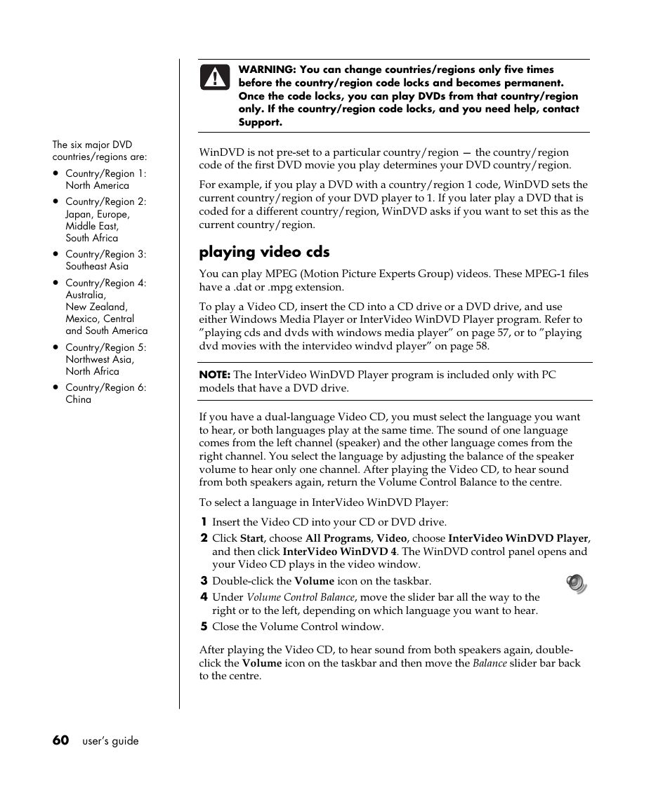 Playing video cds | HP Pavilion t350.uk Desktop PC User Manual | Page 68 / 156