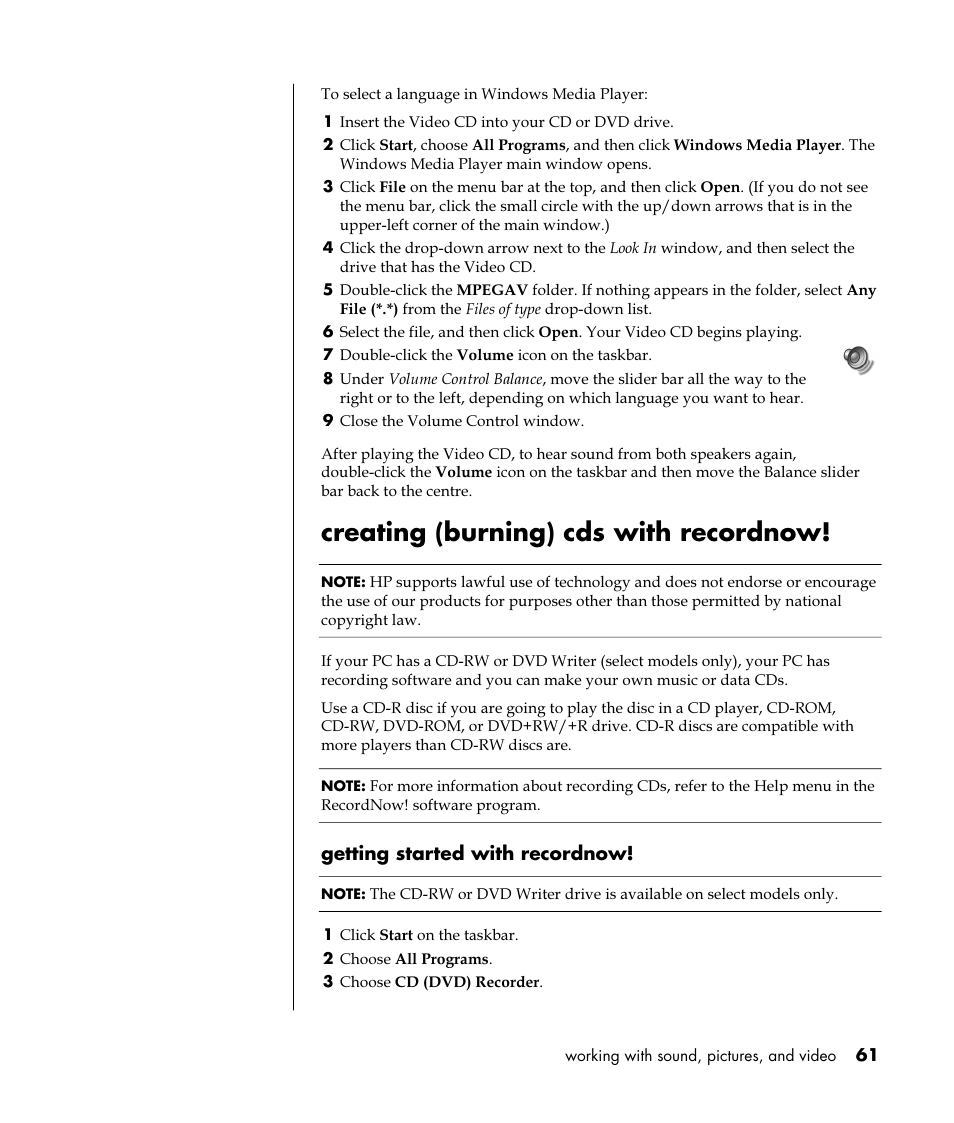 Creating (burning) cds with recordnow | HP Pavilion t350.uk Desktop PC User Manual | Page 69 / 156