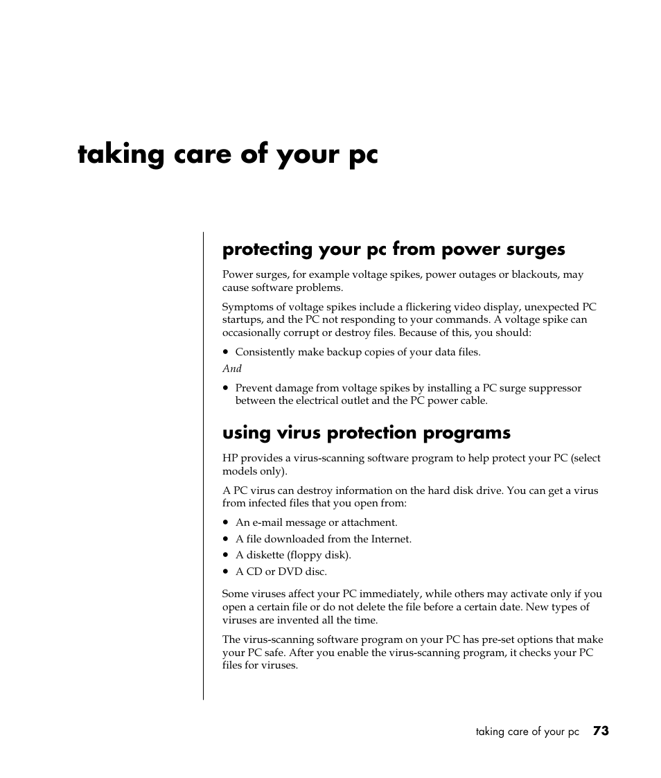 Taking care of your pc, Protecting your pc from power surges, Using virus protection programs | HP Pavilion t350.uk Desktop PC User Manual | Page 81 / 156