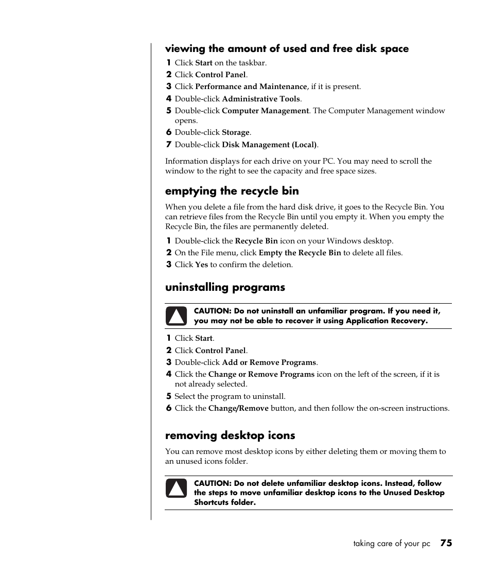 Emptying the recycle bin, Uninstalling programs, Removing desktop icons | Viewing the amount of used and free disk space | HP Pavilion t350.uk Desktop PC User Manual | Page 83 / 156