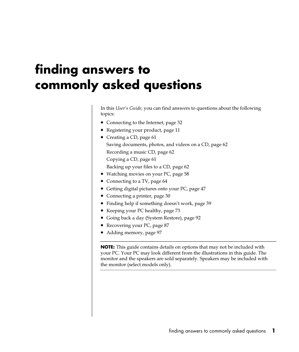 Finding answers to commonly asked questions | HP Pavilion t350.uk Desktop PC User Manual | Page 9 / 156