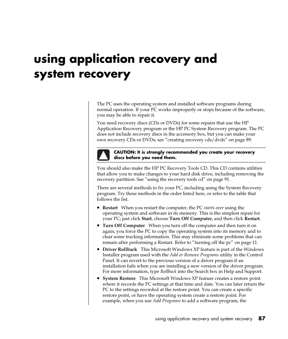 Using application recovery and system recovery | HP Pavilion t350.uk Desktop PC User Manual | Page 95 / 156