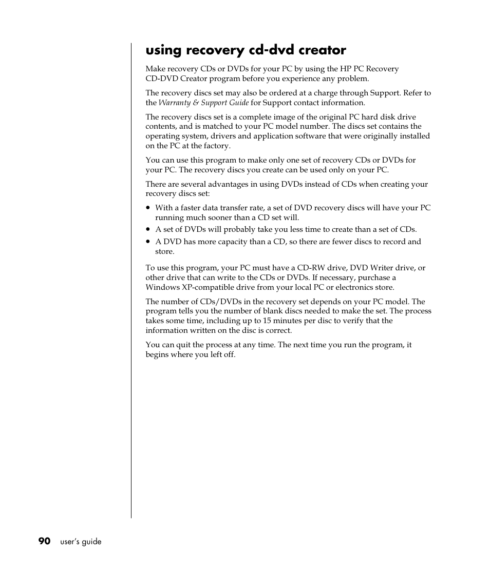 Using recovery cd-dvd creator | HP Pavilion t350.uk Desktop PC User Manual | Page 98 / 156