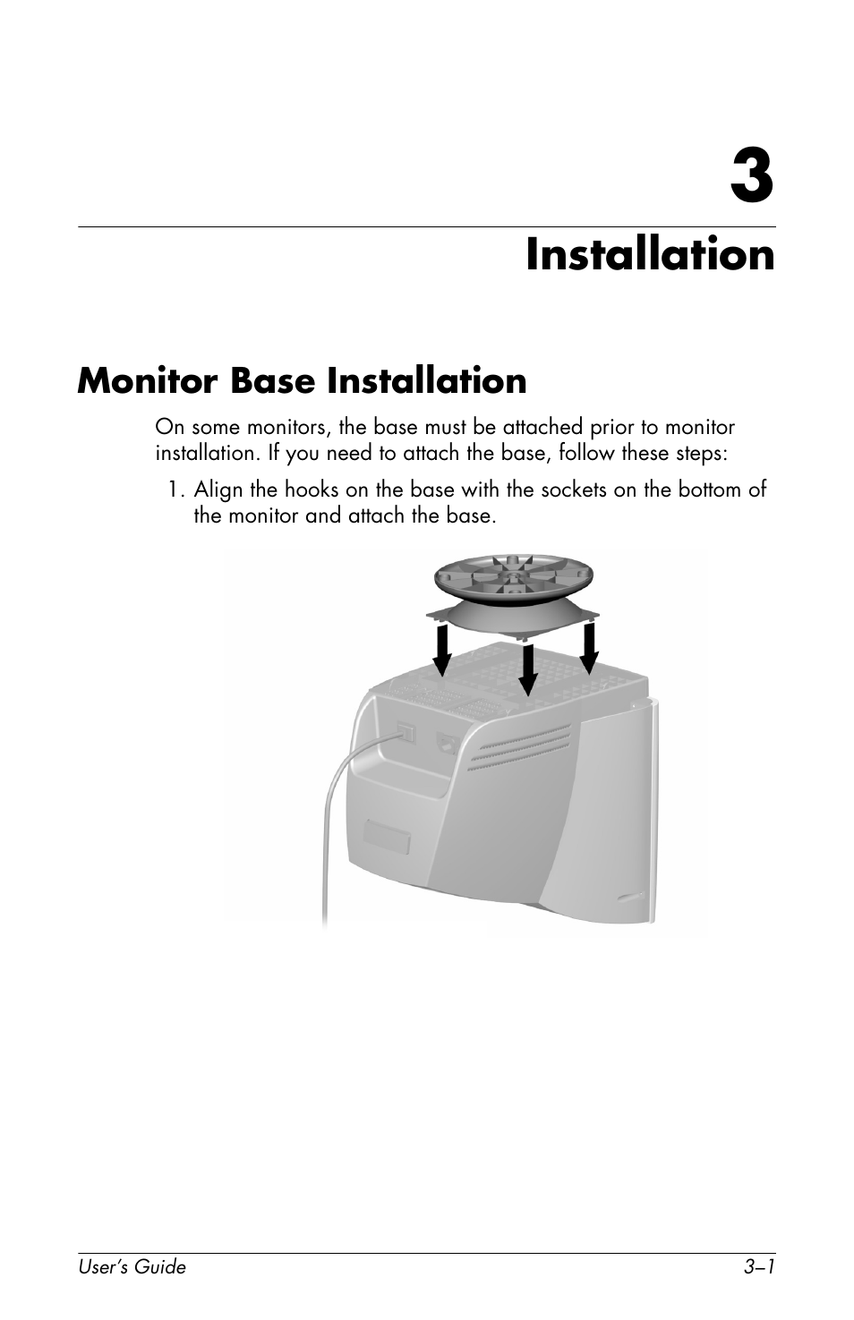 Installation, Monitor base installation | HP Pavilion v72 17 inch CRT Monitor User Manual | Page 11 / 42