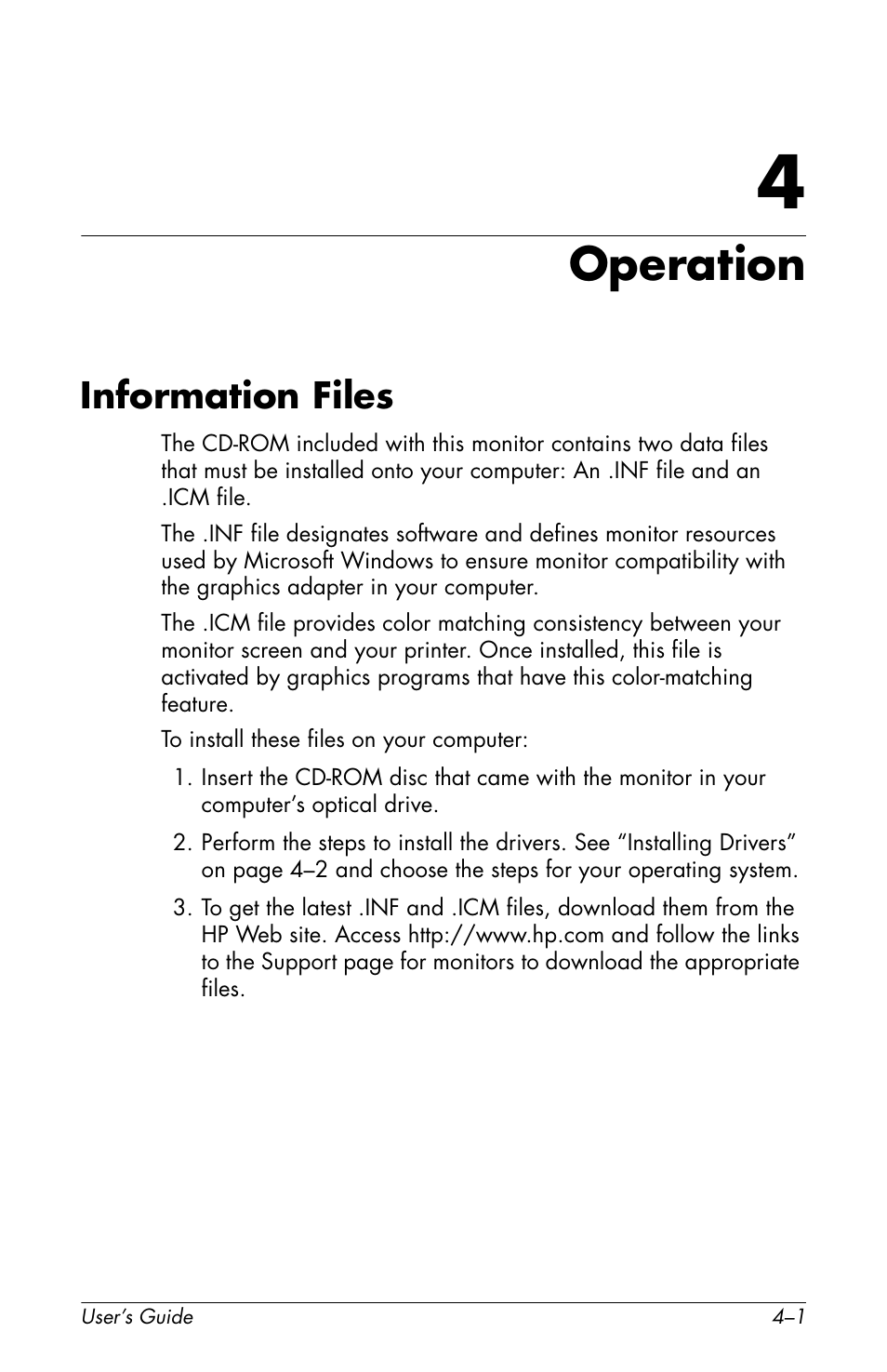 Operation, Information files | HP Pavilion v72 17 inch CRT Monitor User Manual | Page 15 / 42