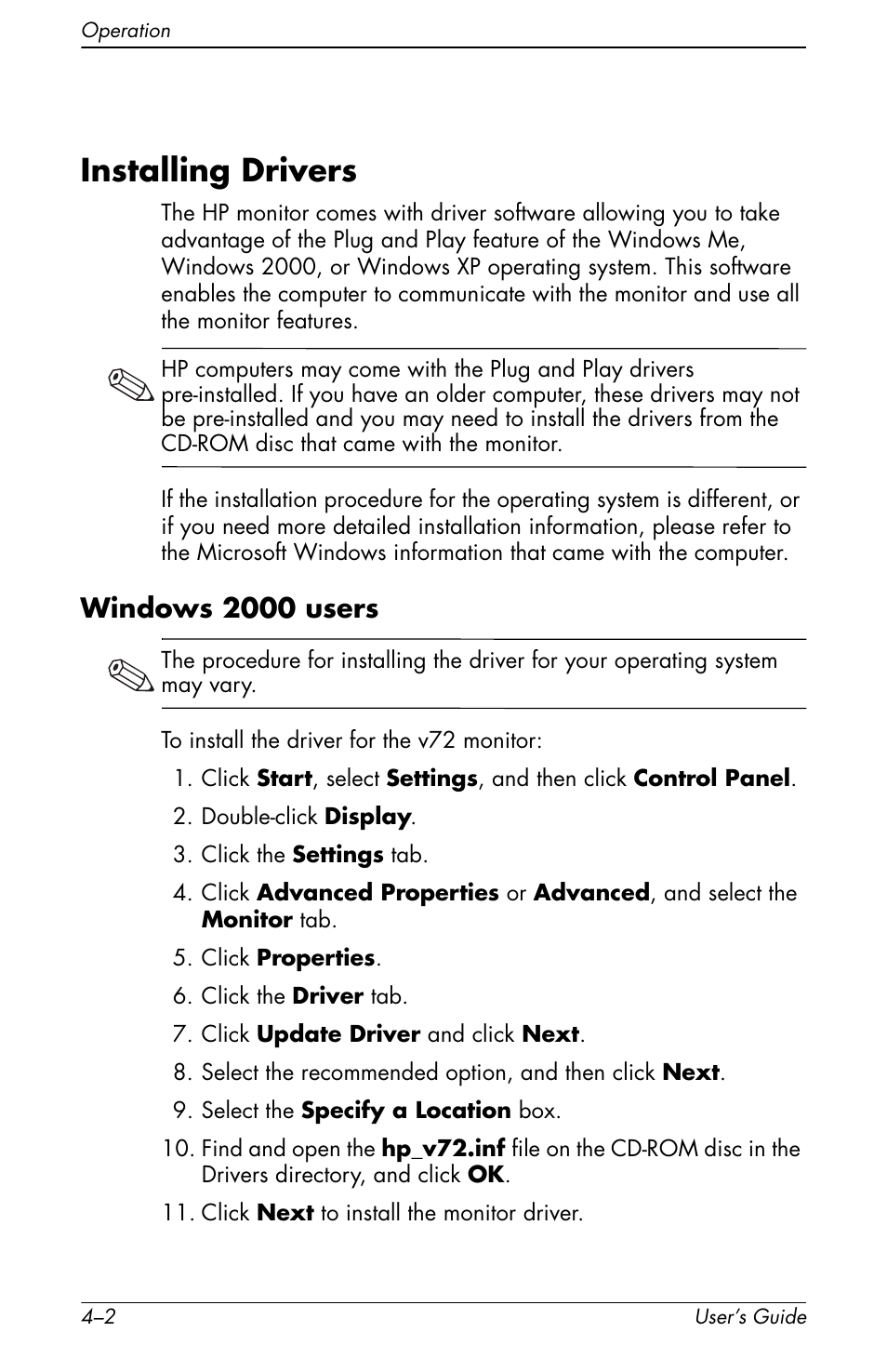 Installing drivers, Windows 2000 users | HP Pavilion v72 17 inch CRT Monitor User Manual | Page 16 / 42