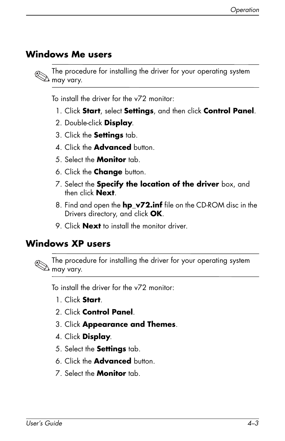 Windows me users, Windows xp users | HP Pavilion v72 17 inch CRT Monitor User Manual | Page 17 / 42