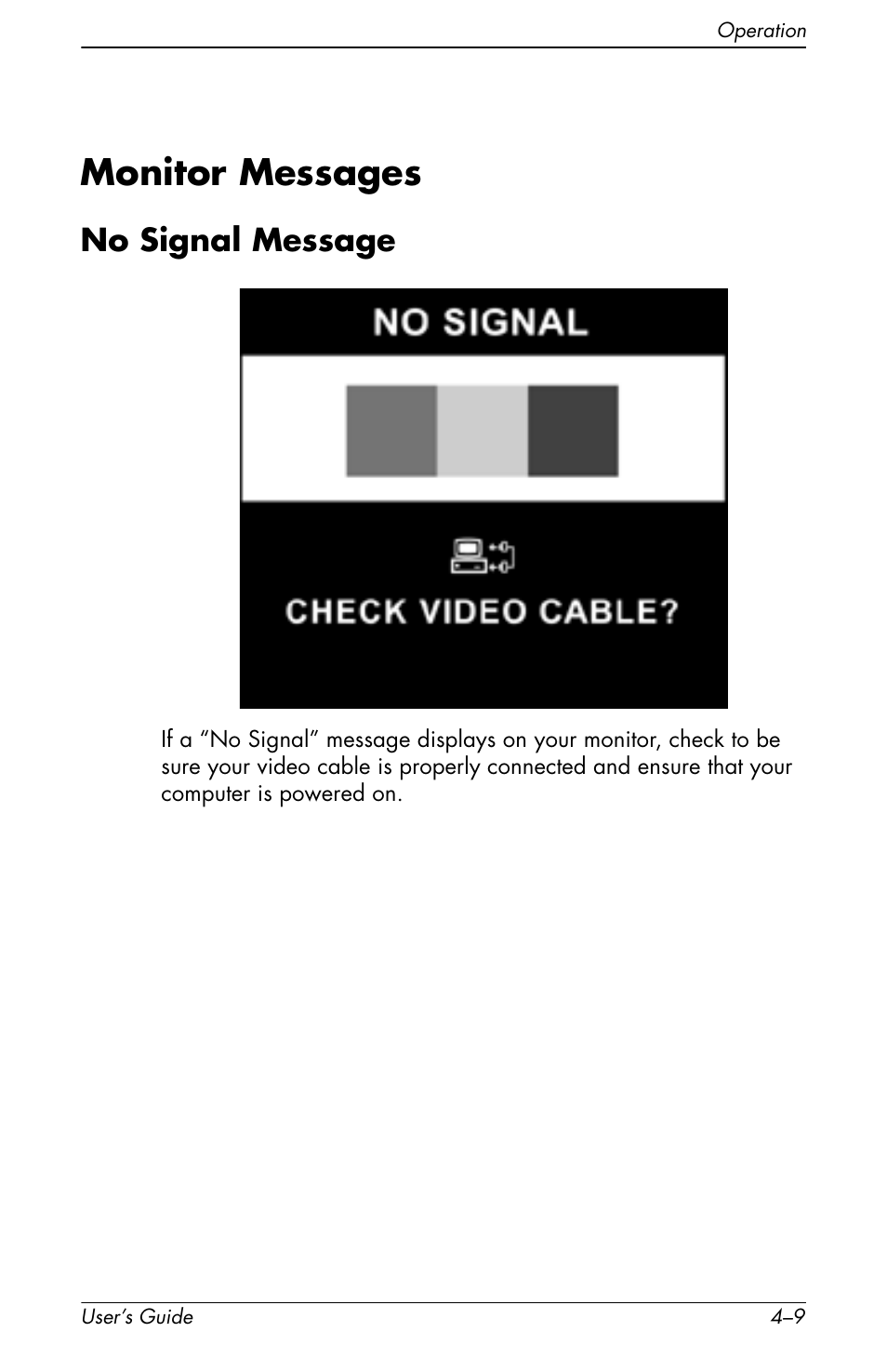 Monitor messages, No signal message | HP Pavilion v72 17 inch CRT Monitor User Manual | Page 23 / 42