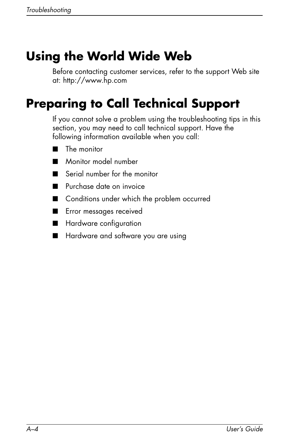 Using the world wide web, Preparing to call technical support | HP Pavilion v72 17 inch CRT Monitor User Manual | Page 30 / 42
