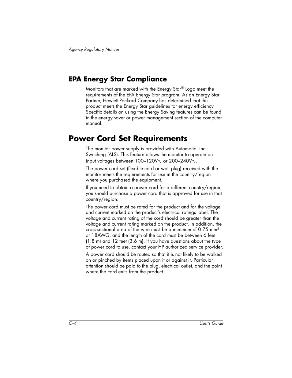 Power cord set requirements, Epa energy star compliance | HP Pavilion v72 17 inch CRT Monitor User Manual | Page 36 / 42