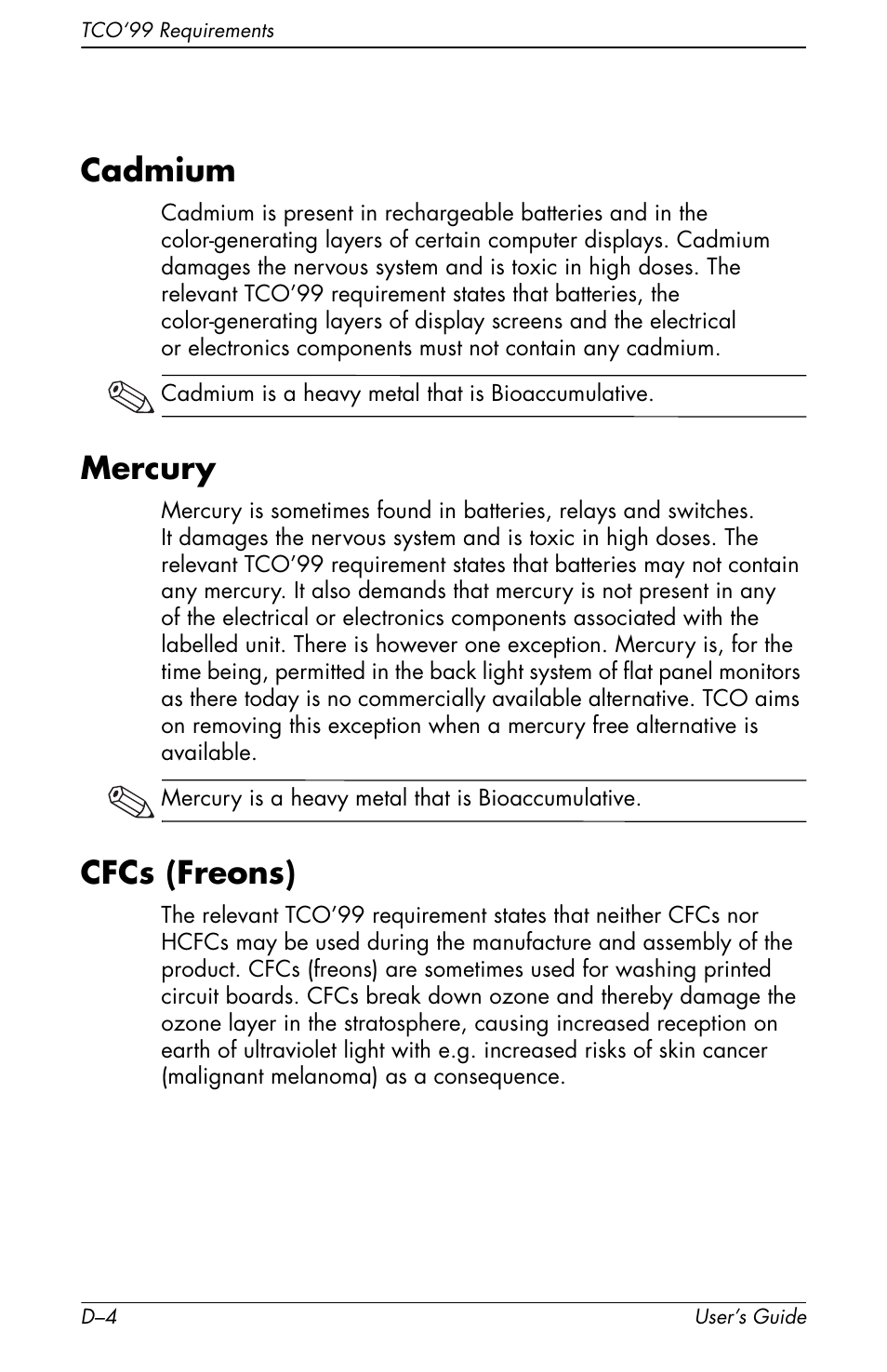 Cadmium, Mercury, Cfcs (freons) | HP Pavilion v72 17 inch CRT Monitor User Manual | Page 40 / 42