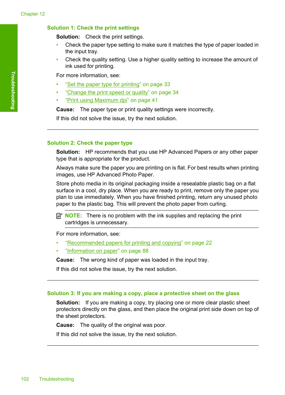 Solution 1: check the print settings, Solution 2: check the paper type | HP Deskjet F4210 All-in-One Printer User Manual | Page 104 / 220