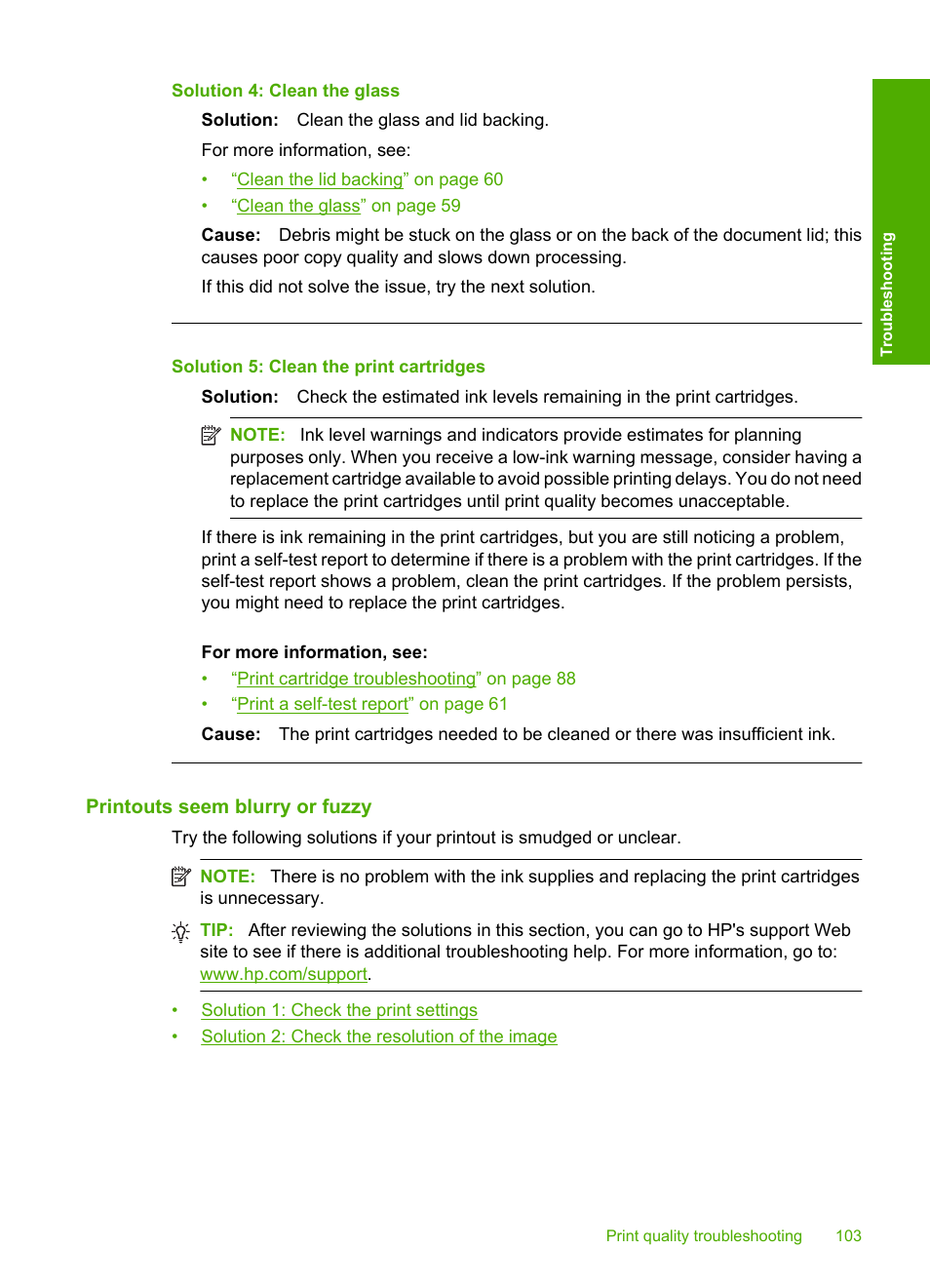 Printouts seem blurry or fuzzy, Solution 4: clean the glass, Solution 5: clean the print cartridges | HP Deskjet F4210 All-in-One Printer User Manual | Page 105 / 220