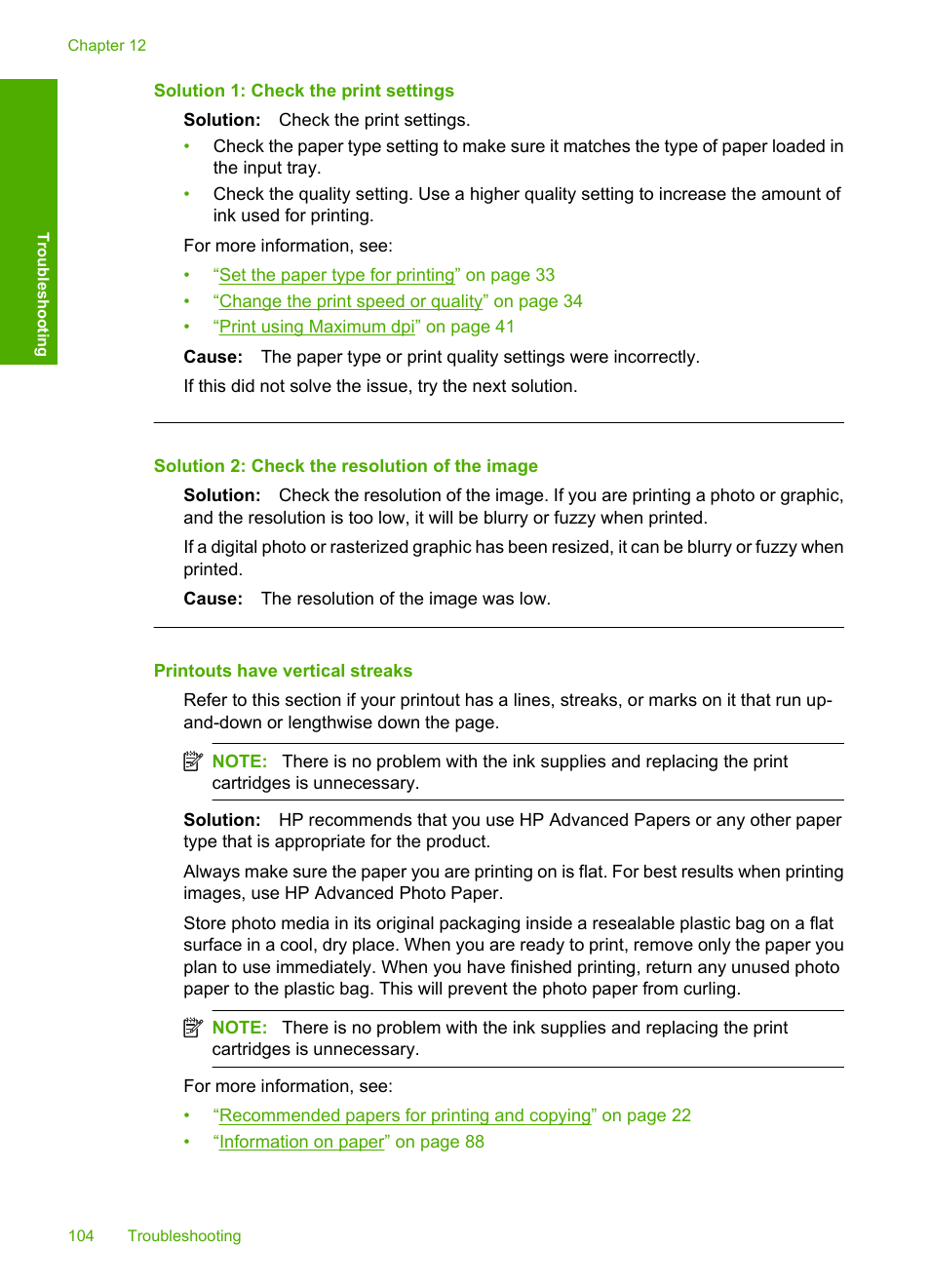 Printouts have vertical streaks, Solution 1: check the print settings, Solution 2: check the resolution of the image | HP Deskjet F4210 All-in-One Printer User Manual | Page 106 / 220